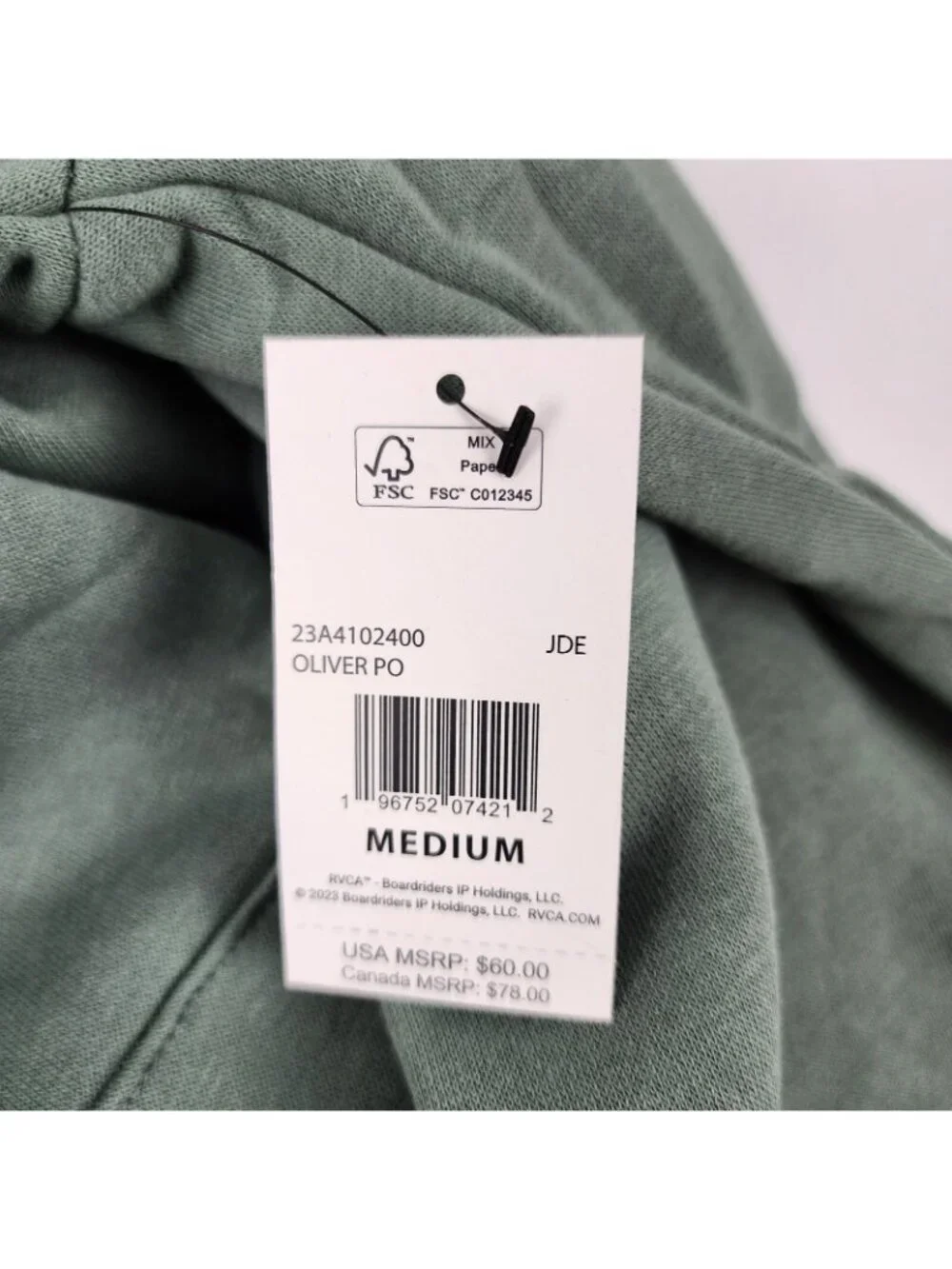 RVCA Hoodie Mens Medium Green Fleece Sweatshirt Logo NWT